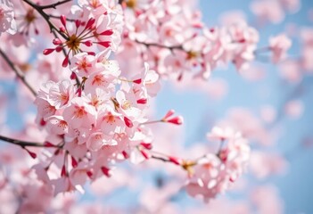 Delicate soft pink cherry blossoms, gently swaying in a gentle breeze, background, beautiful