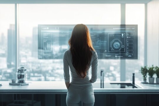 Woman in modern kitchen observes futuristic holographic display showcasing data and city view.