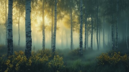 Obraz premium Birch forest in early spring, close-up shot focusing on the repetition of tree trunks as a pattern. 9