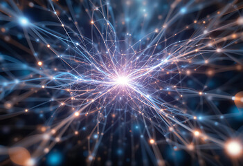 Obraz premium n ethereal network of synaptic bridges floats in space, connecting fragmented AI souls in a dance of light.