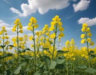 Obraz premium yellow rapeseed on a background of the sky. selective focus on color. canola field with ripe rapeseed, agricultural background.
