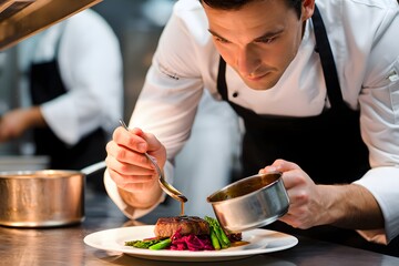 A chef meticulously prepares a gourmet dish, drizzling a rich sauce over a perfectly seared steak, showcasing culinary expertise and passion.