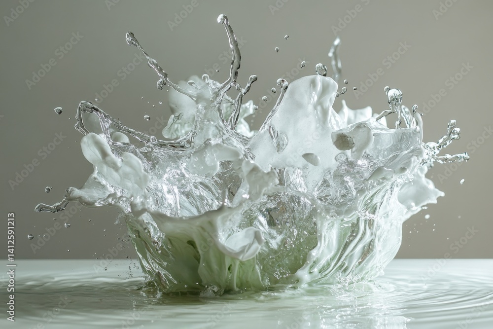 Poster a captivating splash of white liquid frozen in time creating dynamic shapes and textures in mid air 