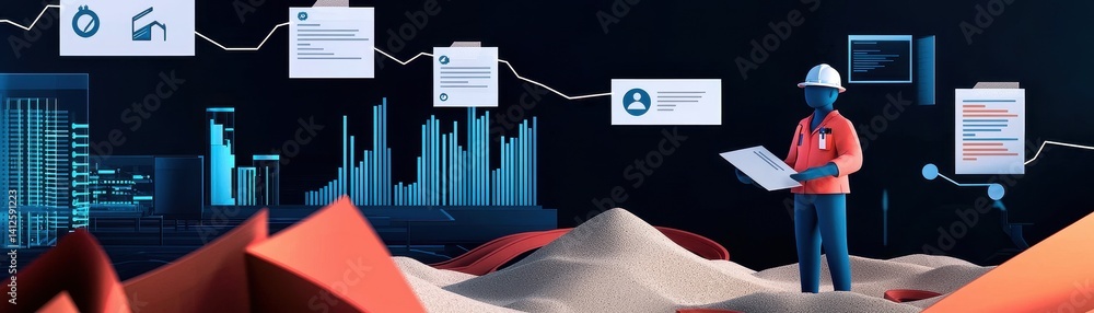 Aufkleber a digital construction scene featuring a worker analyzing data and reports amidst sand and graphical