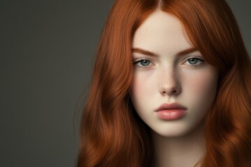 Fototapeta premium Young woman with flowing red hair and captivating green eyes staring intently at the viewer