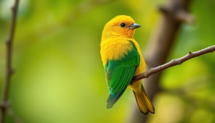 Bright yellow bird with vibrant green wings perched on a tree branch, macro, feathers