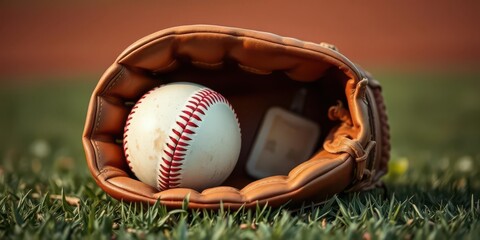 Close-up of baseball in worn leather glove on green field, details, mitt