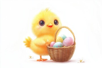 High-quality realistic photography of cute yellow Easter chick with Easter eggs basket, white background.