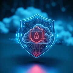 Fototapeta premium Cyber shield with glowing circuit cloud background