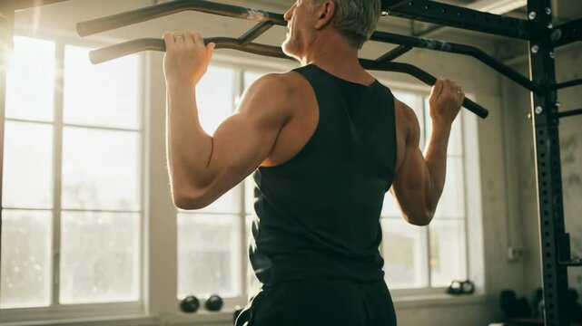 Senior man exercising while doing pull-ups in a gym  