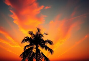 Silhouetted palm tree against vibrant sunset sky,  serene,  relaxation
