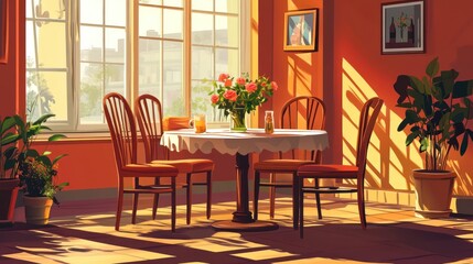 Sunlit dining room with table, chairs, flowers, and plants.