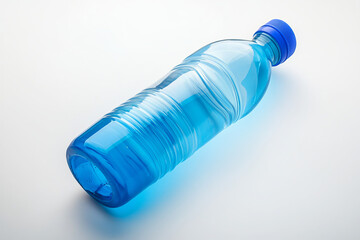 Close up view of a blue plastic water bottle on a white plain background