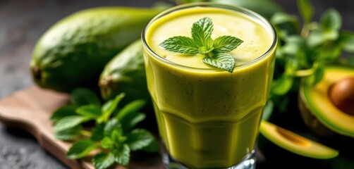 Fototapeta premium Creamy green avocado smoothie in a glass, garnished with fresh mint, organic, overhead shot