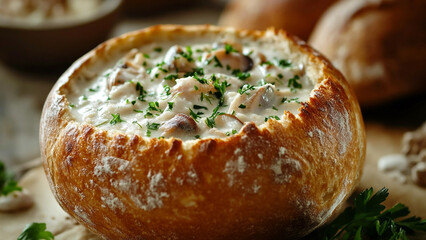 Creamy Mushroom Soup in Rustic Bread Bowl A Warm and Inviting Culinary Delight