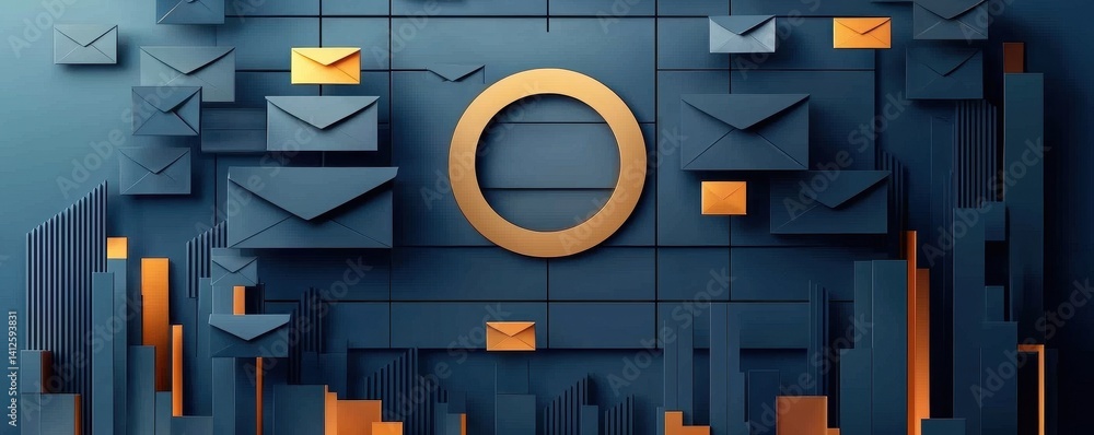 Poster a modern design featuring envelopes and a circular element against a blue background, symbolizing co
