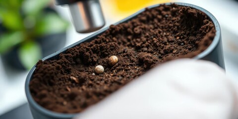 Close-up of soil sample being analyzed in a lab, glassware, earth