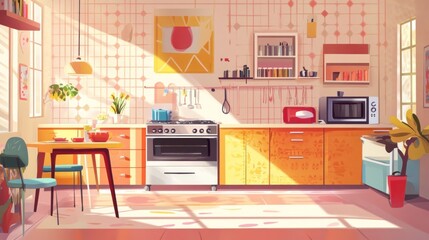 Sunny kitchen interior with orange cabinets, a dining table, and plants.