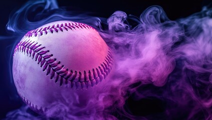 A white baseball with red stitching is enveloped in pink and blue smoke against a black background