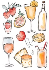 Watercolor illustration of wine, cocktails, strawberries, oranges, and cheese.