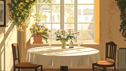 Sunny dining room with flowers, table set for two, and window view.