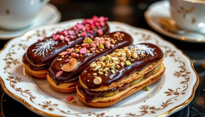 Chocolate Eclairs with Middle Eastern Flavor Depict an elegant platter of chocolate eclairs infused with flavors like rose and pistachio, served at a Dubai tea house.
