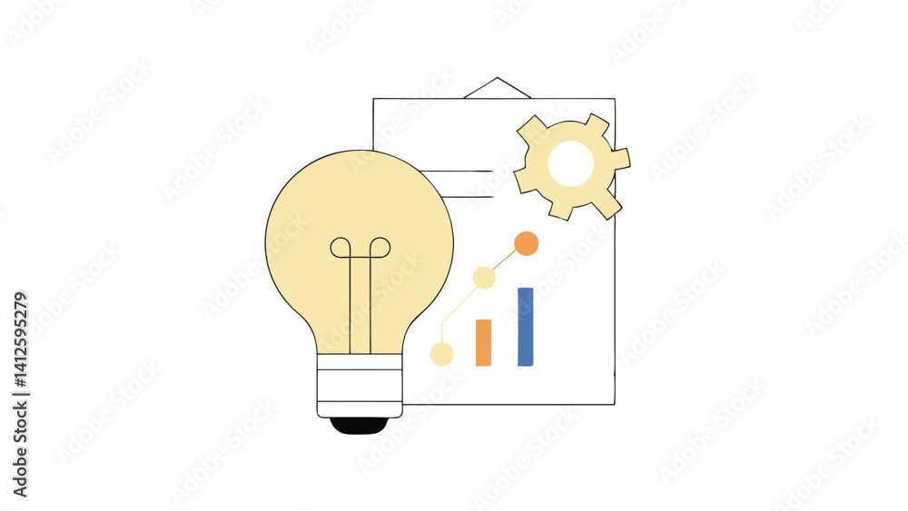 Poster lightbulb with gear and chart in minimalist style on white background