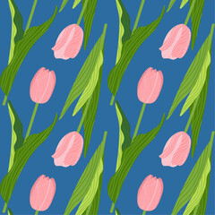 A floral seamless pattern featuring various colorful tulips with green leaves on a dark background. Geometric background pattern. Botanical design for print, wallpaper, textile, and wrapping paper.