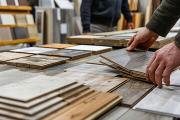 designer showing furniture and flooring material samples for interior design