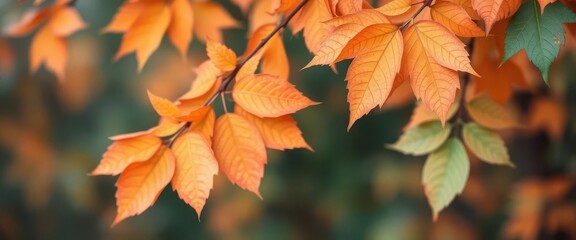Obraz premium Soft pastel orange and teal autumn leaves create diagonal leading lines across a blurred background, landscape, texture