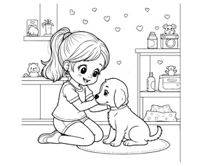 Little Girl and Dog Cute Coloring Page