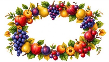 Seasonal Fruit Wreath Visualize a seasonal fruit wreath with grapes, pears, and figs, displaying the word 'SEASONAL' boldly in the center.