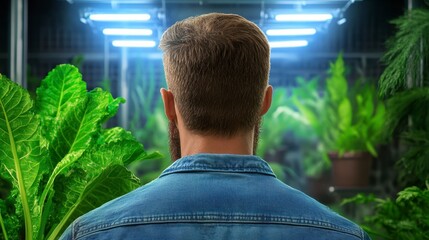 Man Observing Lush Indoor Plants Under Bright Grow Lights