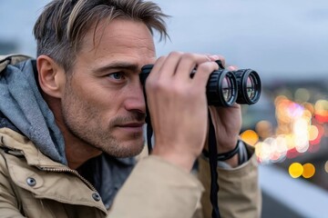 A man peering through binoculars while observing a vibrant city skyline at twilight, capturing a moment of exploration and curiosity amidst urban life.