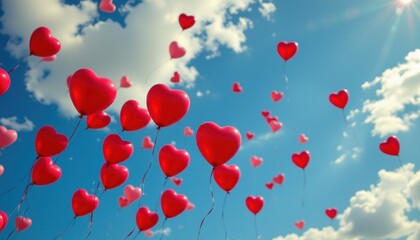 Floating Balloons A deep blue sky with clusters of heart shaped balloons drifting upward.