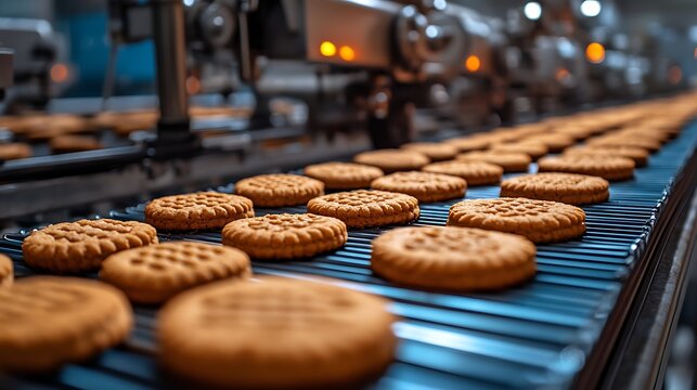 Industrial Cookie Production Line, A conveyor belt with freshly baked cookies in a factory setting, showcasing industrial baking