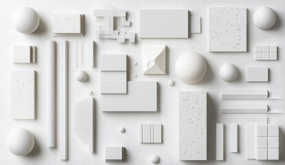 Abstract composition of white geometric shapes on a white background