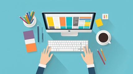 Workspace with Computer, Coffee, and Stationery for Creative Tasks