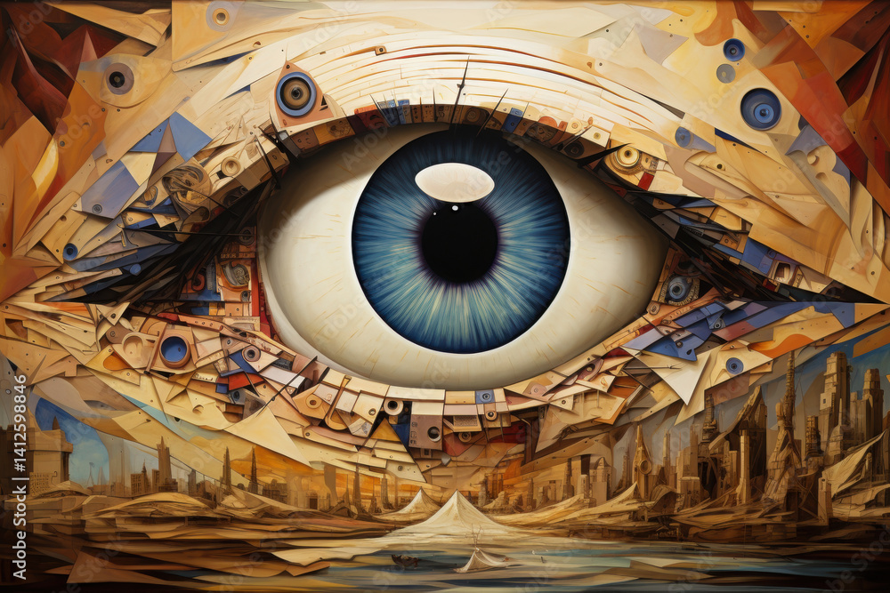 Poster surreal cubist painting of a giant eye in the sky, its iris composed of multiple patterns