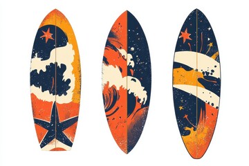 Vintage Surfboard Designs with Bright Colors and Bold Patterns