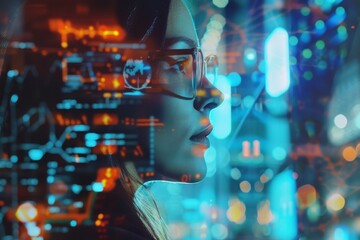 Double exposure of business meeting with colleagues discussing strategies and data analysis in a modern office setting