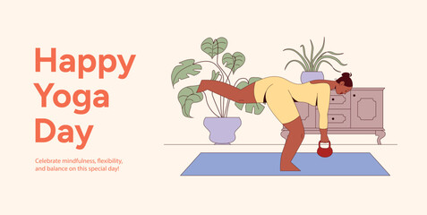 Woman Practicing Balance Pose with Kettlebell for International Yoga Day. Strength, Home Workout. Vector illustration design for posters, banners, social media, web pages and advertisement