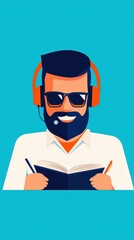 Happy Man in Headphones Reading Book to Bright Blue Background