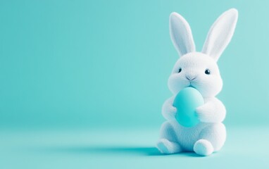 Obraz premium Photograph of a white Easter bunny sitting and holding a blue-colored egg on a pastel light blue background, an Easter concept, studio shot, photorealistic, 50 mm lens, no text or logo, isolated 