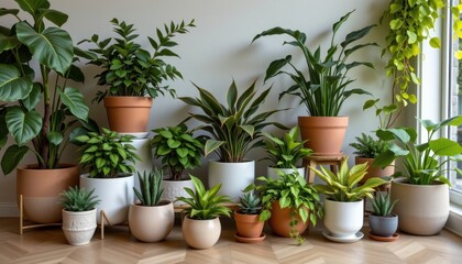 Obraz premium Charming Indoor Garden A collection of indoor plants in decorative pots on a stylish backdrop.