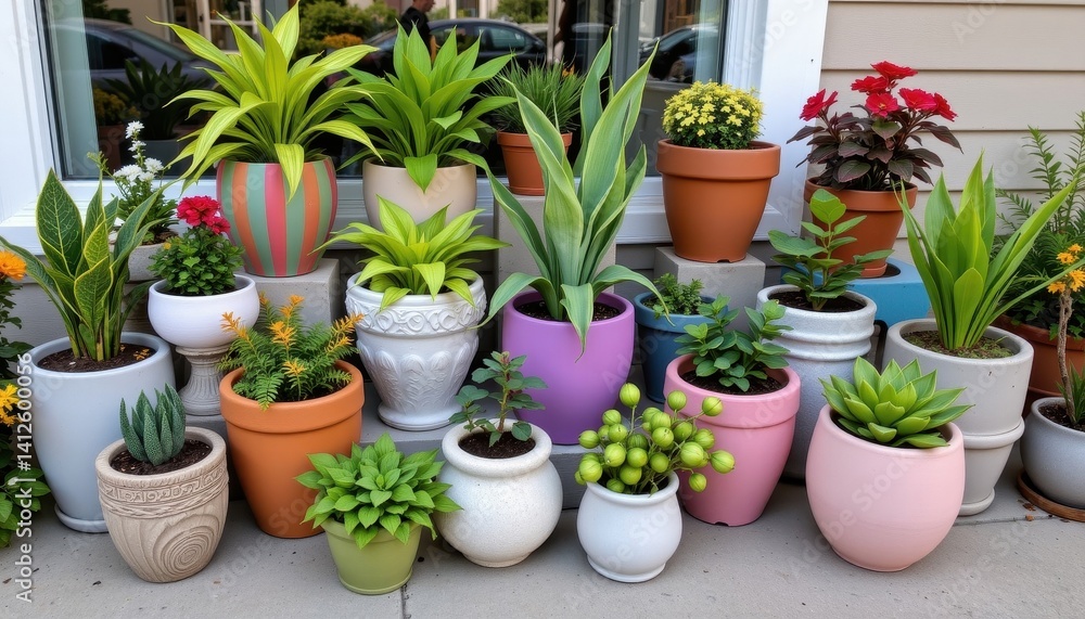 Poster dynamic plant display an engaging display of plants arranged creatively in colorful and textured pot
