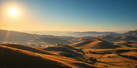 Sun-drenched valley, rolling hills, rural landscape, serene countryside, pretty, pastoral