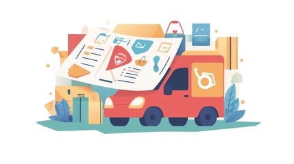 Red delivery van with paperwork and packages.