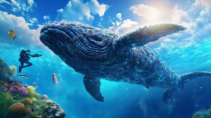 Obraz premium Pixelated Whale Encounter Diver and Vibrant Coral Reef in Sunlit Ocean