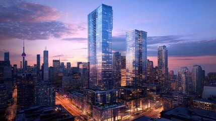 Obraz premium City Skyline: A stunning cityscape at dusk, tall modern buildings stand as testaments to urban development. with their illuminated windows reflecting the vibrant city lights, revealing modern life.